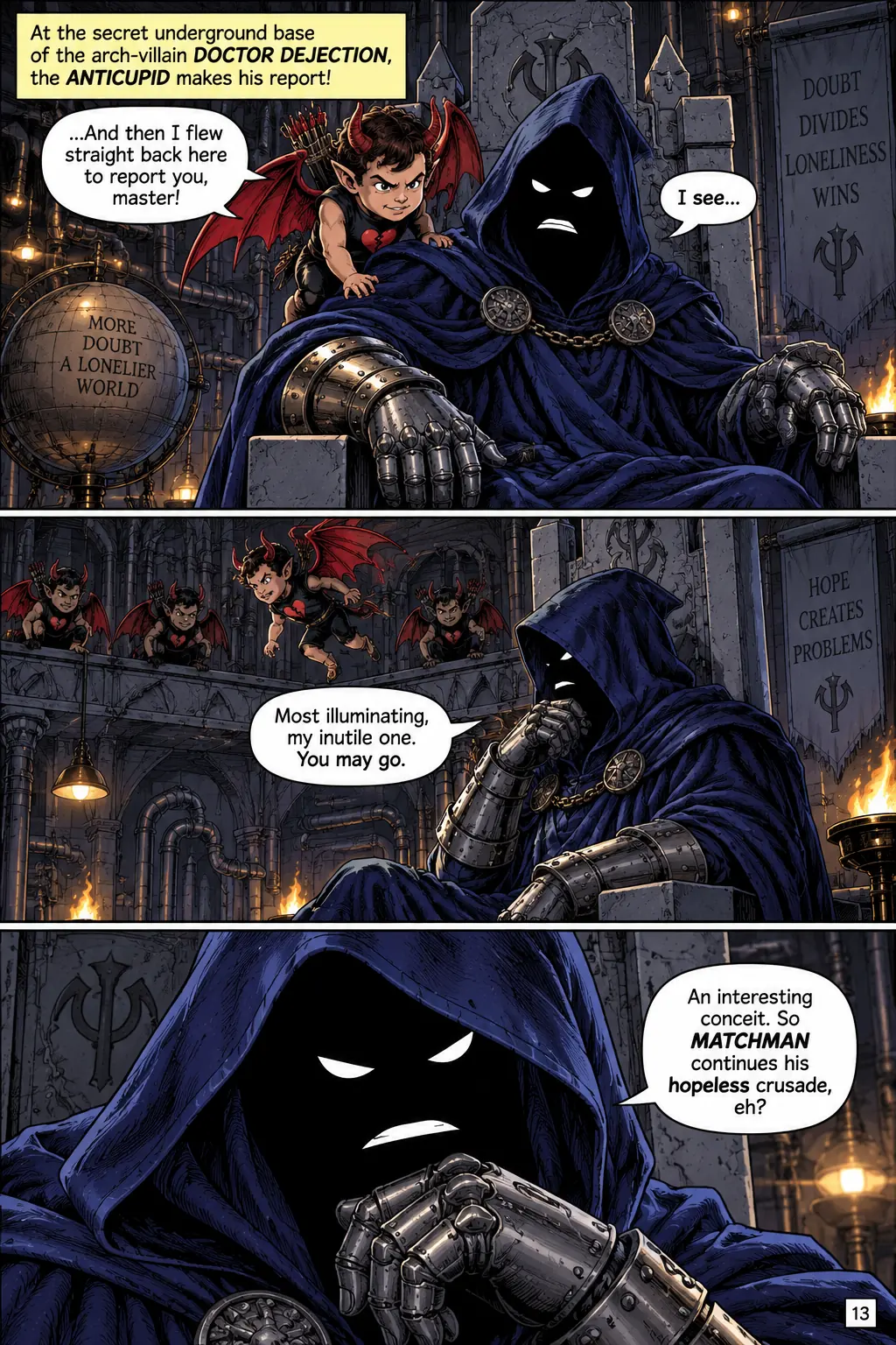 Illustrated comic page 13 of Matchman Conquers All.