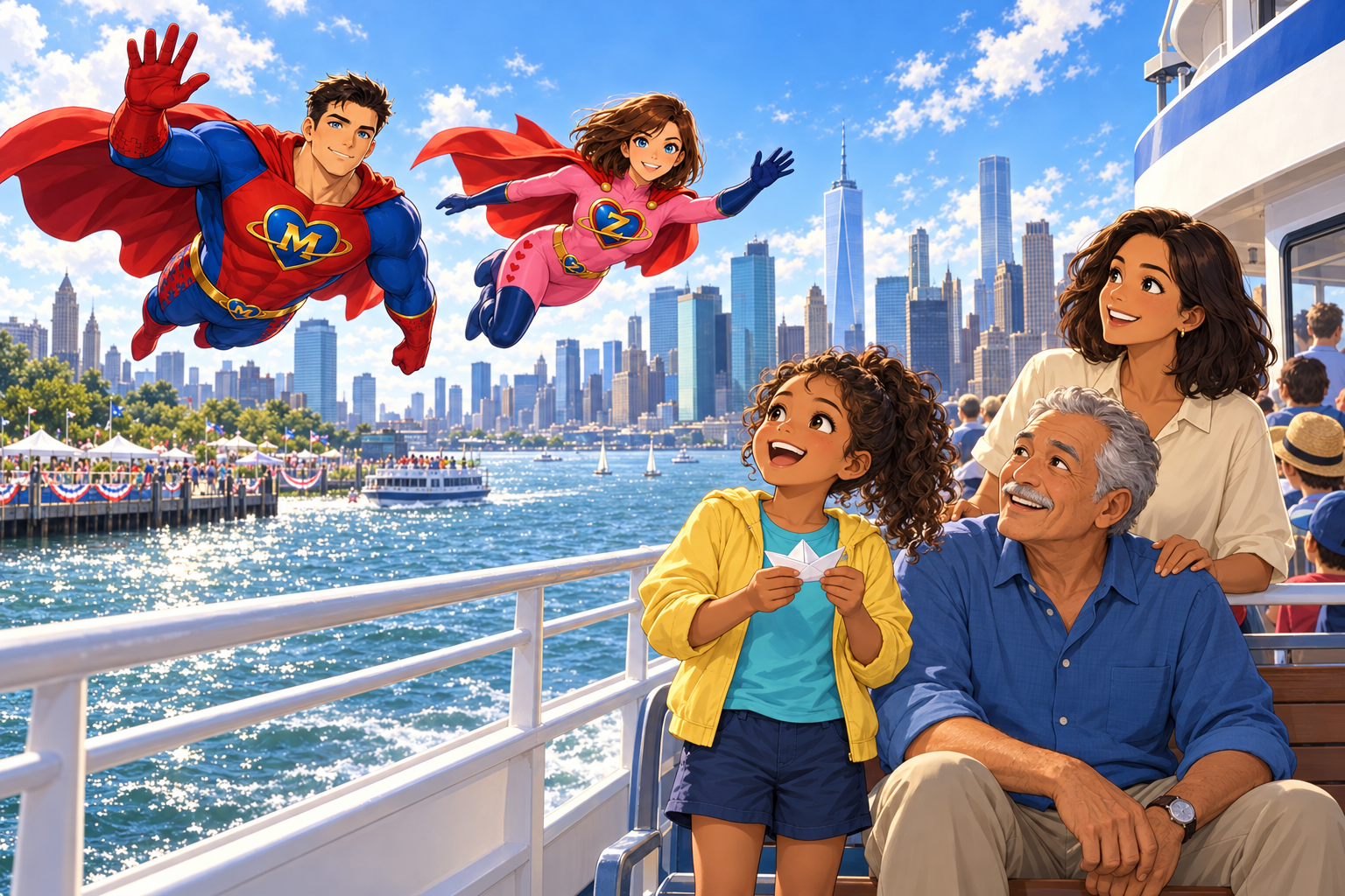 Maya holds a paper boat beside Grandpa and Mom on deck as Matchman and Z-Girl fly over the sunny river.
