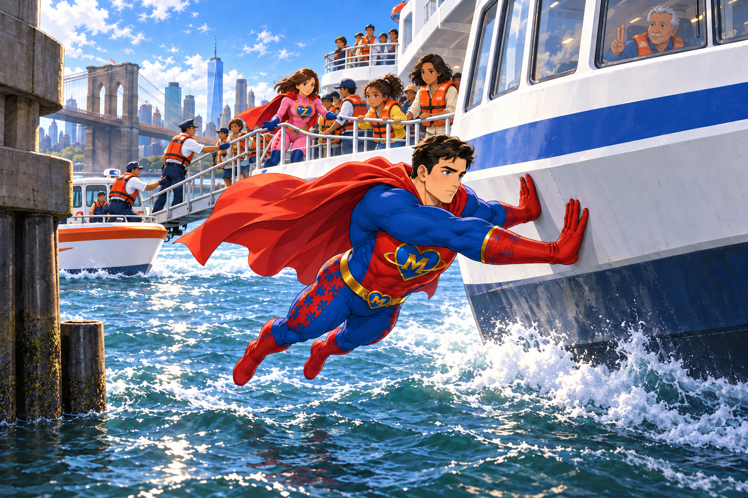 Matchman braces the ferry beside a bridge support while Z-Girl and rescuers help the passengers across to a rescue boat.